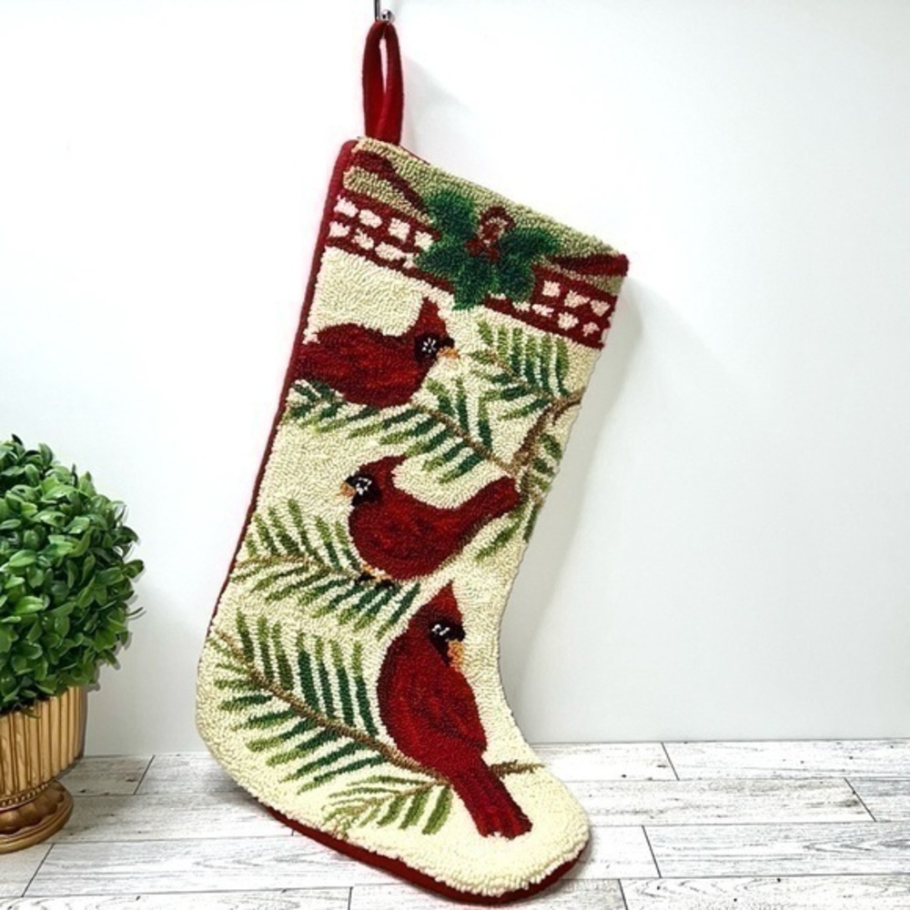 Red Cardinal Hooked Wool Christmas Stocking